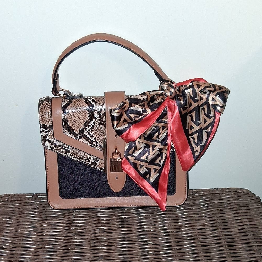 Aldo Stylish Tan and Black Handbag with Scarf Accent